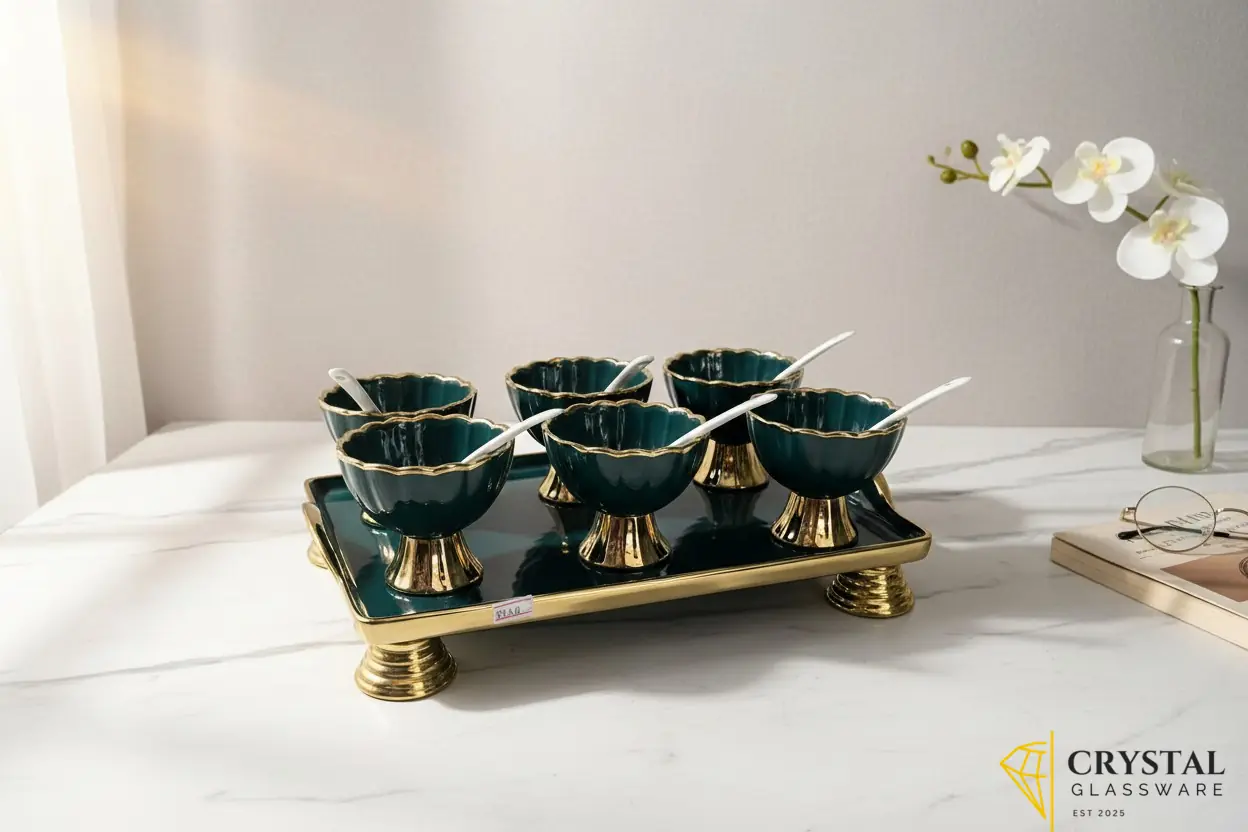 Imported Cenamic Icecream Set With Tray  — Crystal Glassware Pakistan